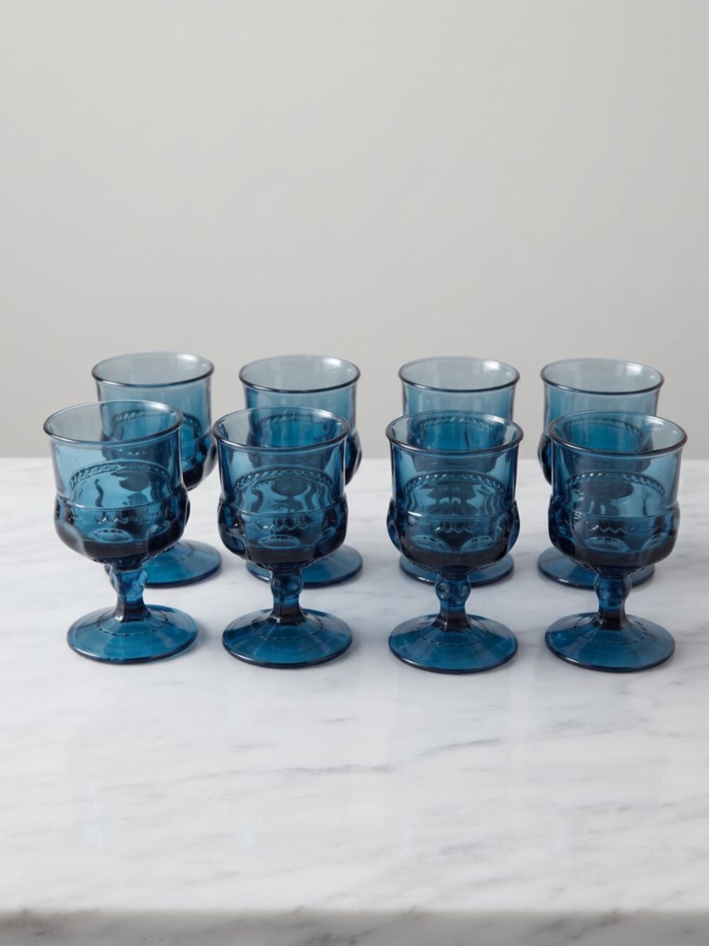 Vintage Indiana Glass Kings Crown Riviera Blue Goblets Set of 8 Thumbprint